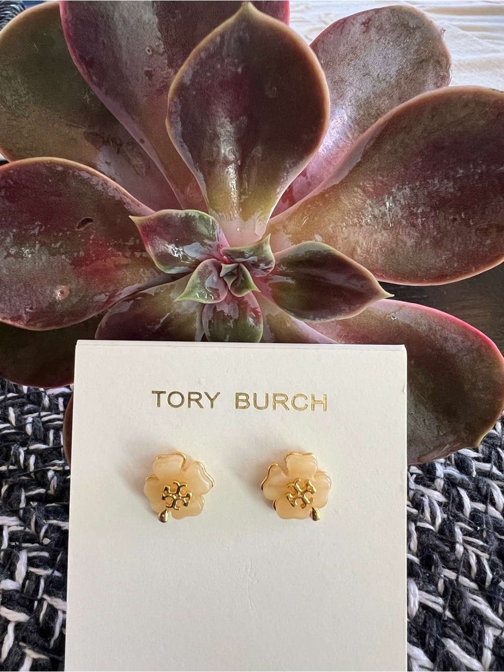 Tory Burch Gold and Cream Floral Stud Earrings